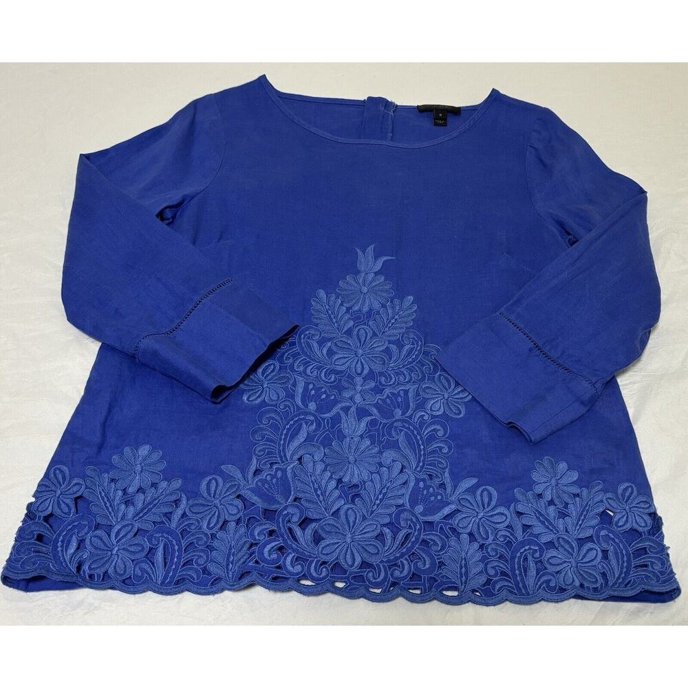 J.Crew 100% Linen Top Blue Embroidered Eyelet Coastal Resort Women Size 0 (Sm)